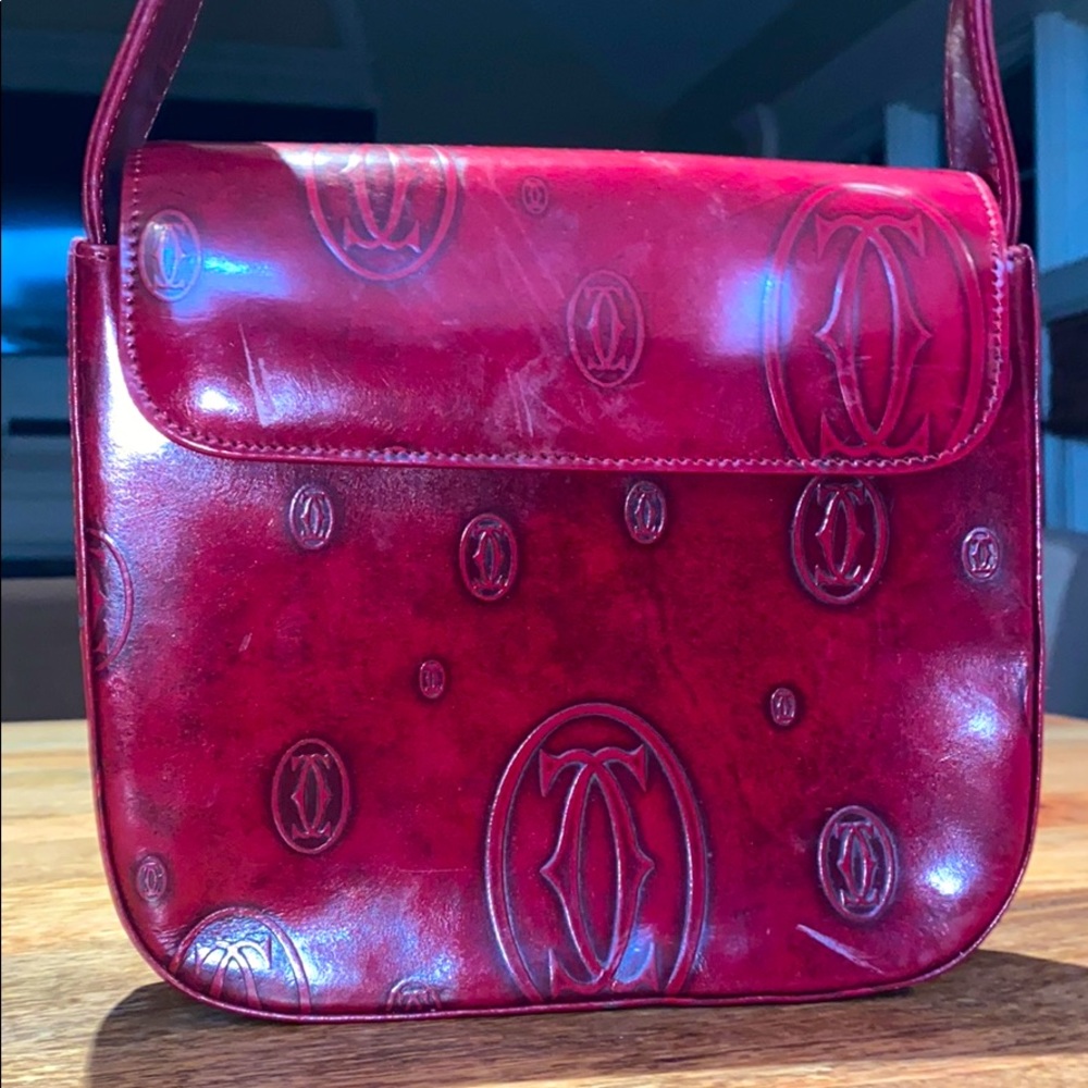 Red Cartier Logo Embossed Patent Leather Bag